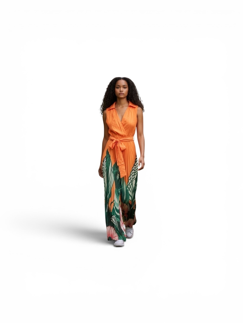 Vibrant Tropical Jumpsuit with Peated Wide Leg Pants